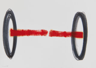 Eine dicke rote horizontale Linie verbindet zwei schwarze ovale Formen auf weißem Hintergrund.