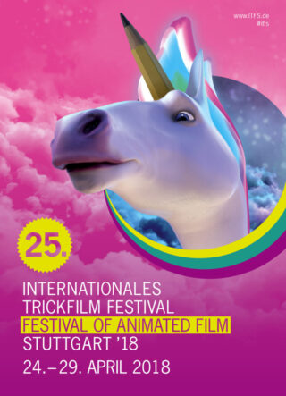 Plakat für das 25. Internationale Trickfilm-Festival Stuttgart 2018 mit einem 3D-Einhorn mit Bleistifthorn und Veranstaltungsdetails.