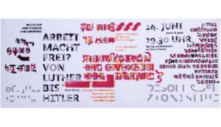 Ein grafisches Poster mit überlappendem schwarzem und rotem deutschem Text, der teilweise unkenntlich ist, darunter die großen Worte „ARBEIT MACHT FREI?“ und Veranstaltungsdetails für eine Diskussion am 14. Juni.