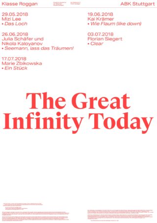 Poster mit Daten, Künstlern und Veranstaltungstiteln, mit „The Great Infinity Today“ in großer roter Schrift in der Mitte. Minimalistisches Design, überwiegend weißer Hintergrund mit roter Schrift.