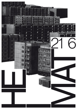 Collage aus mehreren grauen, rechteckigen Wohnhäusern mit dem fettgedruckten schwarz-weißen Text „HEMAT 216“ im Vordergrund.