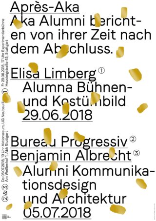 Poster mit deutschem Text zur Werbung für zwei Alumni-Vorträge mit den Rednern Elisa Limberg und Benjamin Albrecht, über das Design verteilt mit goldenem Konfetti.