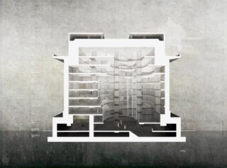 Architektonische Schnittzeichnung eines mehrstöckigen Gebäudes mit sichtbaren Innenebenen, Räumen, Keller und beschriftetem Eingang, dargestellt vor einem strukturierten Hintergrund.