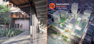 Geteiltes Bild: links ist ein modernes Gebäude mit Holzbalken und Außenbepflanzung zu sehen, rechts ist eine Architekturdarstellung aus der Luft mit dem Text „CreativeDays Stuttgart“ zu sehen.