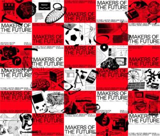 Eine Collage aus roten, schwarzen und weißen Kacheln mit dem Satz „MAKERS OF THE FUTURE“ und verschiedenen Bildern, darunter Technologie, Sportgeräte und wissenschaftliche Objekte.