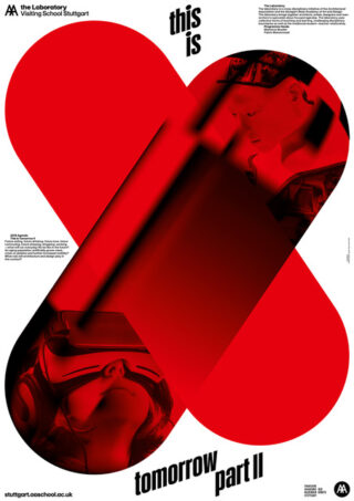 Poster mit großen roten geometrischen Formen, zwei Personen mit Virtual-Reality-Headsets und dem Text „This is Tomorrow Part II“ in fetten schwarzen Buchstaben.
