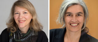 In getrennten Porträts sind zwei Frauen mit hellem Haar zu sehen, beide lächelnd und in dunklen Jacken vor schlichtem Hintergrund.