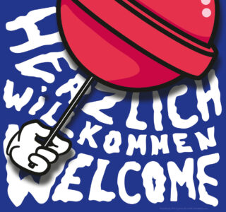 Illustration einer Cartoon-Hand, die einen roten Lutscher über einem fettgedruckten, weißen Text mit der Aufschrift „Herzlich Willkommen Welcome“ auf blauem Hintergrund hält.
