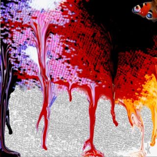 Abstraktes digitales Kunstwerk mit bunten Farbtropfen in Rot, Lila und Orange auf einem strukturierten grauen Hintergrund, mit einem Schmetterling in der oberen rechten Ecke vor einem schwarzen Bereich.