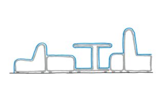 Einfache Strichzeichnung eines Tisches mit zwei verschiedenen Sitzgelegenheiten auf beiden Seiten, alle in Blau und Grau auf weißem Hintergrund umrandet.