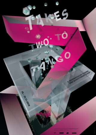 Abstraktes Poster mit dreidimensionalen geometrischen Formen, schwebenden Edelsteinen und dem fettgedruckten Text „Takes Two to Tango“ in Weiß und Pink vor dunklem Hintergrund.