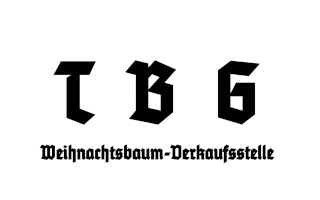 Fette schwarze Buchstaben „T B G“ über dem Wort „Weihnachtsbaum-Verkaufsstelle“ in dekorativer Frakturschrift auf weißem Hintergrund.