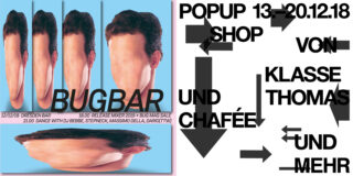 Ein Poster mit verzerrten Kopfbildern auf der linken Seite und fettem schwarzen Text mit Pfeilen auf der rechten Seite, das für eine Veranstaltung namens BUGBAR und einen Pop-up-Shop vom 13.–20.12.18 wirbt.