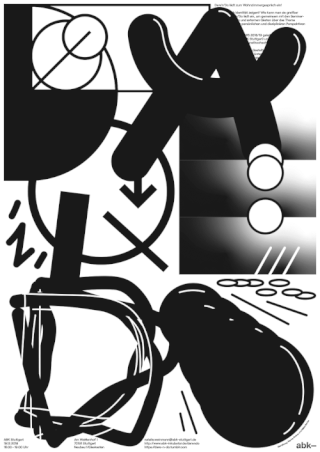 Abstraktes schwarz-weißes Grafikdesign mit kräftigen geometrischen Formen, Linien, Farbverläufen und überlappenden Elementen, angeordnet im Collage-Stil.