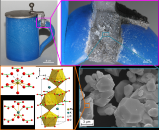 Eine Collage zeigt einen blauen Becher mit Metallrand, mikroskopische Nahaufnahmen von Materialfragmenten sowie Strukturdiagramme und SEM-Bilder von kristallinen Partikeln.
