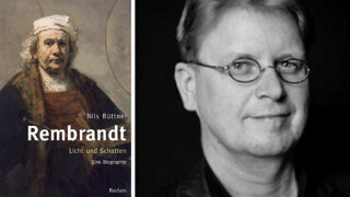 Buchcover von „Rembrandt: Licht und Schatten“ von Nils Büttner links mit einem Porträt von Rembrandt, rechts ein Schwarzweißfoto eines Mannes mit Brille.