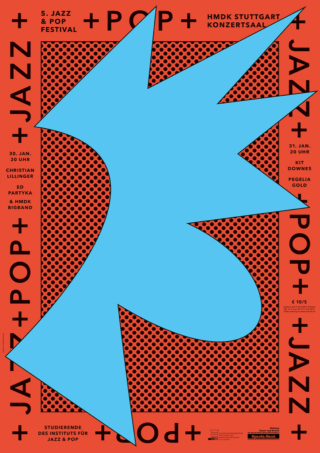 Poster mit einer großen, abstrakten blauen Form auf rotem Hintergrund mit schwarzem Punktmuster und Text, der für ein Jazz- und Popfestival in Stuttgart wirbt.