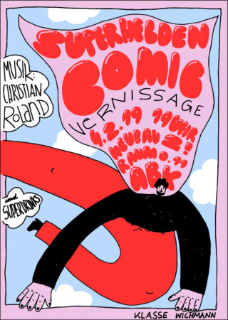 Bunt illustriertes Plakat, das für eine „Superhelden Comic“-Veranstaltung am 4. Februar 1999 wirbt, mit Musik von Christian Roland und Zeichnungen von Klasse Wichmann.