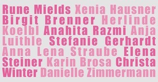 Eine Liste mit Namen in fettem rosa Text auf hellem Hintergrund, darunter Rune Mields, Xenia Hausner, Birgit Brenner und andere.