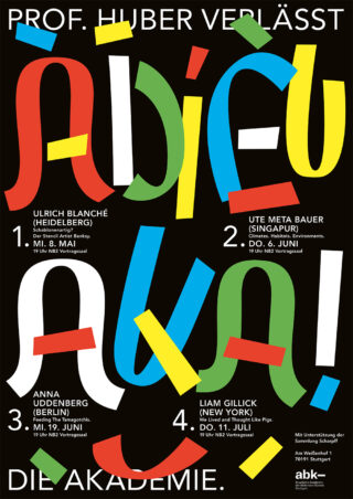 Fettgedruckter, farbenfroher Text mit der Aufschrift „ADIEU AUF!“ liegt auf schwarzem Hintergrund und kündigt wissenschaftliche Vorträge von vier Sprechern an. Unten sind Einzelheiten zur Veranstaltung aufgeführt.