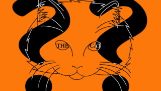 Eine abstrakte schwarze Strichzeichnung eines Katzengesichts auf orangefarbenem Hintergrund, mit dicken schwarzen Fragezeichen, die die Ohren der Katze bilden, und den Worten „DIE KATZE“ in ihren Augen.