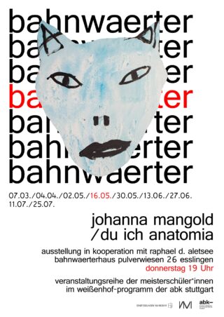 Poster mit einem stilisierten blauen Tiergesicht über einem Text mit Angaben zu den Ausstellungsdaten und dem Ausstellungsort von Johanna Mangold im Bahnwärterhaus in Stuttgart; Daten und Zeiten sind in Schwarz und Rot aufgeführt.