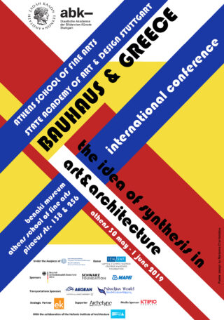 Poster für eine internationale Konferenz mit dem Titel „Bauhaus & Griechenland: Die Idee der Synthese in Kunst & Architektur“, die vom 30. Mai bis 1. Juni 2019 in Athen stattfand, mit Logos und bunten geometrischen Formen.