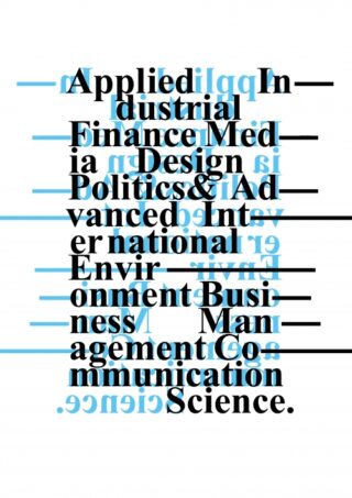 Schwarzer Text mit der Auflistung akademischer Disziplinen wird von blauem, gespiegeltem Text auf weißem Hintergrund überlagert; schwarze horizontale Linien verlaufen durch den schwarzen Text.