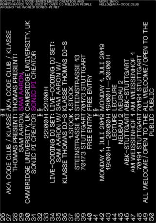 Veranstaltungsplakat mit weißem Text auf schwarzem Hintergrund, das ein Live-Coding-DJ-Set mit Sam Aaron an der Hochschule der Medien in Stuttgart am 1. Juli 2019 beschreibt.