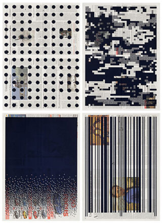 Vier mit grafischen Mustern veränderte Zeitungsseiten: schwarze Punkte, pixelige Blöcke, dichtes, durchgehendes Marineblau und vertikale schwarze Linien, die den gedruckten Text und die Bilder teilweise verdecken.