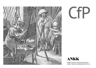 Schwarz-Weiß-Illustration zweier Männer in historischer Kleidung; einer malt an einem Schreibtisch, der andere steht mit einem Globus in der Hand. Rechts sind große „CfP“-Schriftzüge und das ANKK-Logo zu sehen.