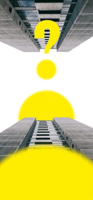 Zwei hohe, moderne Gebäude rahmen einen weißen Himmel ein. In der Mitte sind ein großes gelbes Fragezeichen und ein Punkt darübergelegt, am unteren Bildrand befinden sich gelbe Kreise.