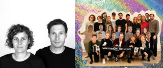 Links posieren zwei Personen für ein Schwarz-Weiß-Porträt, rechts posiert eine Gruppe von Menschen gemeinsam vor einem bunten, abstrakten Hintergrund und hält ein Schild mit deutscher Sprache hoch.