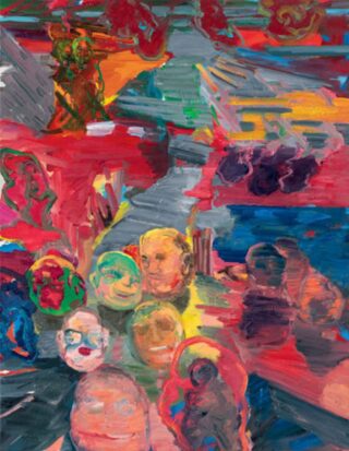 Abstraktes Gemälde mit lebhaften Strichen in Rot, Blau, Orange und Grün, das mehrere lose definierte menschliche Gesichter und Figuren vor dynamischen, wirbelnden Hintergründen zeigt.