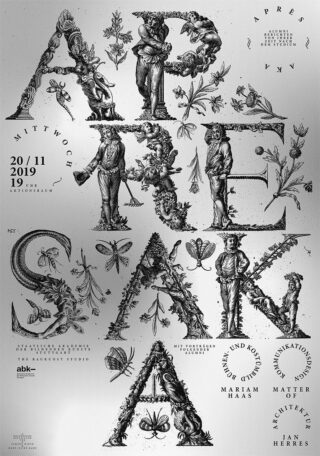 Poster mit dem Wort „APRESCANZA“ in großen, verzierten Buchstaben, jedes enthält detaillierte Abbildungen von Menschen, Tieren und Pflanzen; Veranstaltungsdetails sind oben und unten aufgeführt.