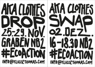 Schwarzer handgeschriebener Text auf weißem Hintergrund kündigt „AVA Clothes Drop“ vom 25. bis 29. November und „AVA Clothes Swap“ am 2. Dezember an, mit Datum, Uhrzeit, Ort, Hashtag #ECOACTION und Kontaktinformationen.