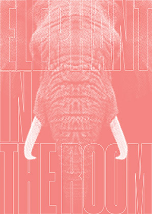 Ein stilisiertes Bild eines Elefantengesichts mit großem darübergelegtem Text „ELEPHANT IN THE ROOM“ in einer fetten, umrandeten Schriftart.
