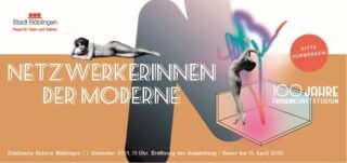 Ausstellungsplakat mit künstlerischen Frauenfiguren, fettem Text „NETZWERKERINNEN DER MODERNE“ und Ausstellungsdetails zu „100 Jahre Frauenkunststudium“ in der Städtischen Galerie Böblingen.