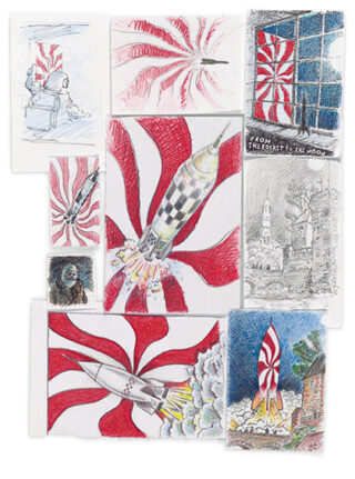 Eine Collage aus handgezeichneten Raketen, die mit roten und weißen radialen Hintergründen starten, einige davon mit Fenstern, Astronauten oder Gebäuden.