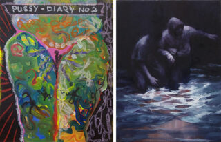 Ein geteiltes Bild, das links ein farbenfrohes abstraktes Gemälde mit dem Titel „Pussy Diary Nr. 2“ und rechts eine dunkle, launische Gestalt zeigt, die in der Nähe von Wasser kauert.