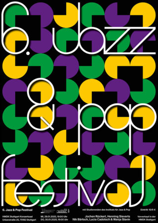 Poster für das 6. Jazz & Pop Festival mit abstrakten Formen in Grün, Gelb und Lila mit weißem geometrischem Text; Veranstaltungsdetails unten aufgeführt.