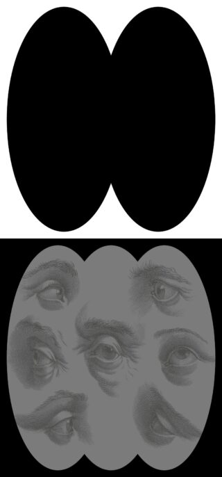 Zwei große schwarze Ovale befinden sich über einem grauen Bereich, der detaillierte Abbildungen von sieben menschlichen Augen in verschiedenen Positionen und Ausdrücken enthält.