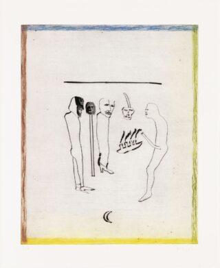 Eine minimalistische Zeichnung zeigt vier abstrakte menschliche Figuren, schwebende Köpfe und Masken sowie eine Halbmondform, alles umgeben von einem farbigen Rand.