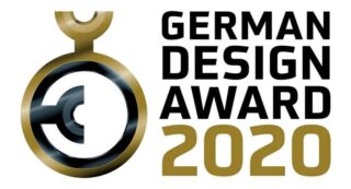 Das Logo des German Design Award 2020 zeigt eine stilisierte Grafik in Gold und Schwarz neben dem fettgedruckten Text „German Design Award 2020“.