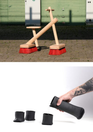 Oben: Ein Laufrad aus Holz mit roten Besenköpfen anstelle von Rädern. Unten: Ein tätowierter Arm gießt Wasser aus einem gerippten, schwarzen Krug in passende Tassen auf weißem Hintergrund.