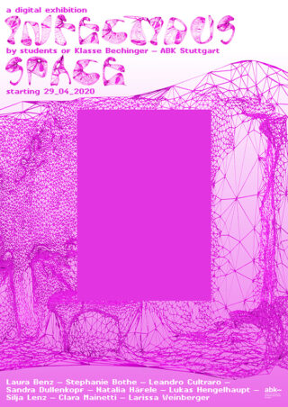 Poster für eine digitale Ausstellung mit dem Titel „Infectious Space“ von Studierenden der ABK Stuttgart, mit abstrakten rosa Mesh-Grafiken und Teilnehmernamen, ab 29. April 2020.