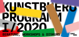 Schwarzer Text „KUNSTBUERO PROGRAMM I/2020 BERATUNG, WORKSHOPS & DISKURS“ überlagert mit bunten Rechtecken auf weißem Hintergrund.