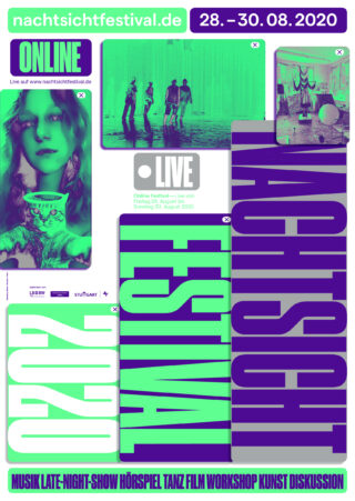Poster für das Nachtsicht Festival 2020, das vom 28. bis 30. August online stattfand, mit grünen und violetten Grafiken, Veranstaltungsinformationen und Fotos der Künstler.
