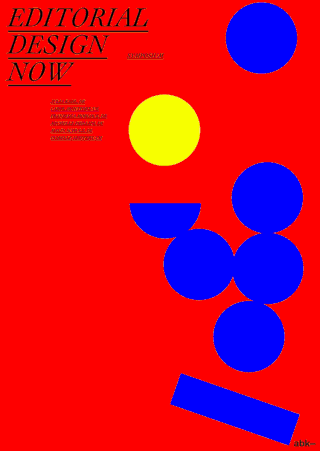 Rotes Poster mit dem Text „Editorial Design Now Symposium“ und Veranstaltungsdetails, mit abstrakten geometrischen Formen in Blau und Gelb.