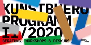 Fettgedruckter Text „Kunstbuero Programm IV 2020 Beratung, Workshops & Diskurs“, überlagert mit bunten rechteckigen Formen auf weißem Hintergrund.